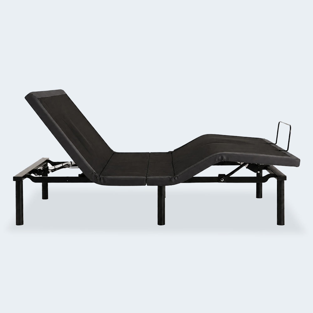 Side view of the baselogic Silver Adjustable Base in a flat position, highlighting the sleek zero-clearance design suitable for platform beds.
