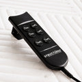 Close-up of the intuitive wired remote control for the Malouf Structures N150 adjustable bed base featuring one-touch buttons.
