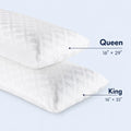 Size chart for Malouf Gel Cooling Dough pillows showing Queen (16x29) and King (16x35) dimensions.