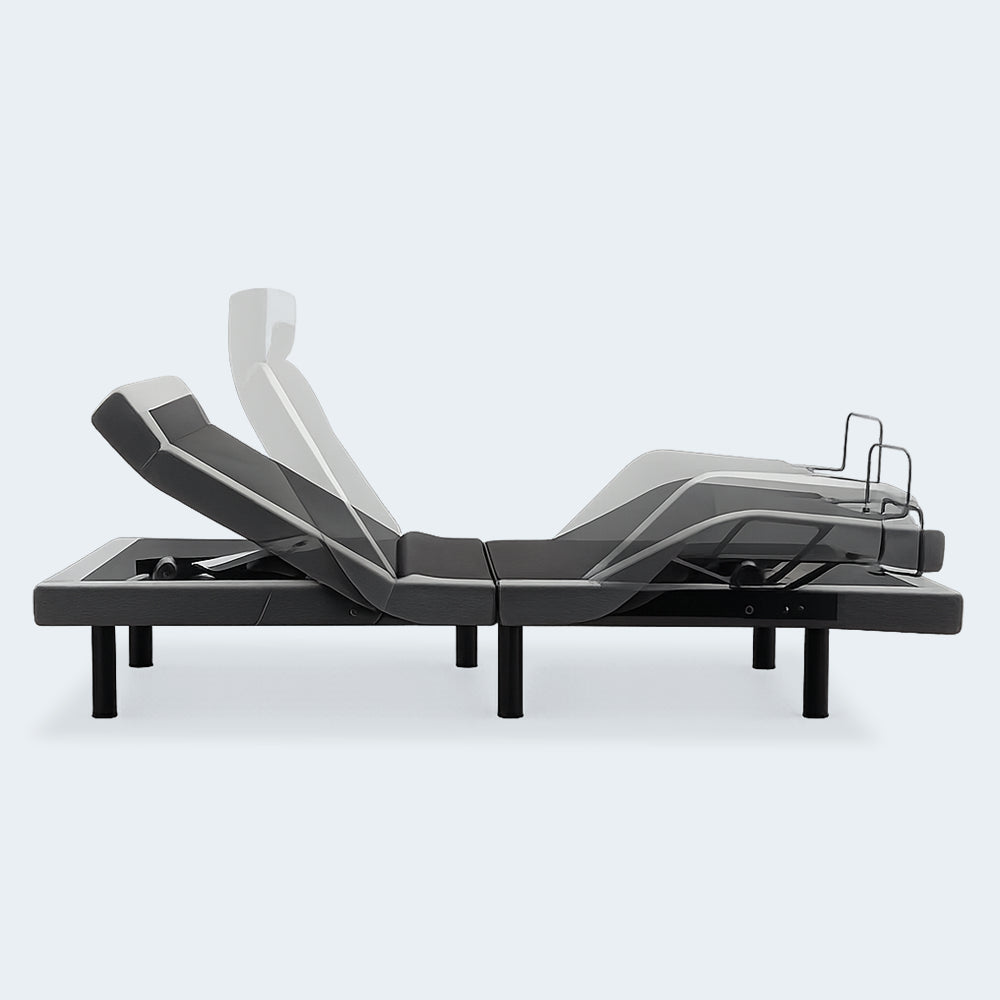 Malouf S655 adjustable base showing the range of motion for the independent pillow tilt and neck adjustment feature with a ghosted overlay.
