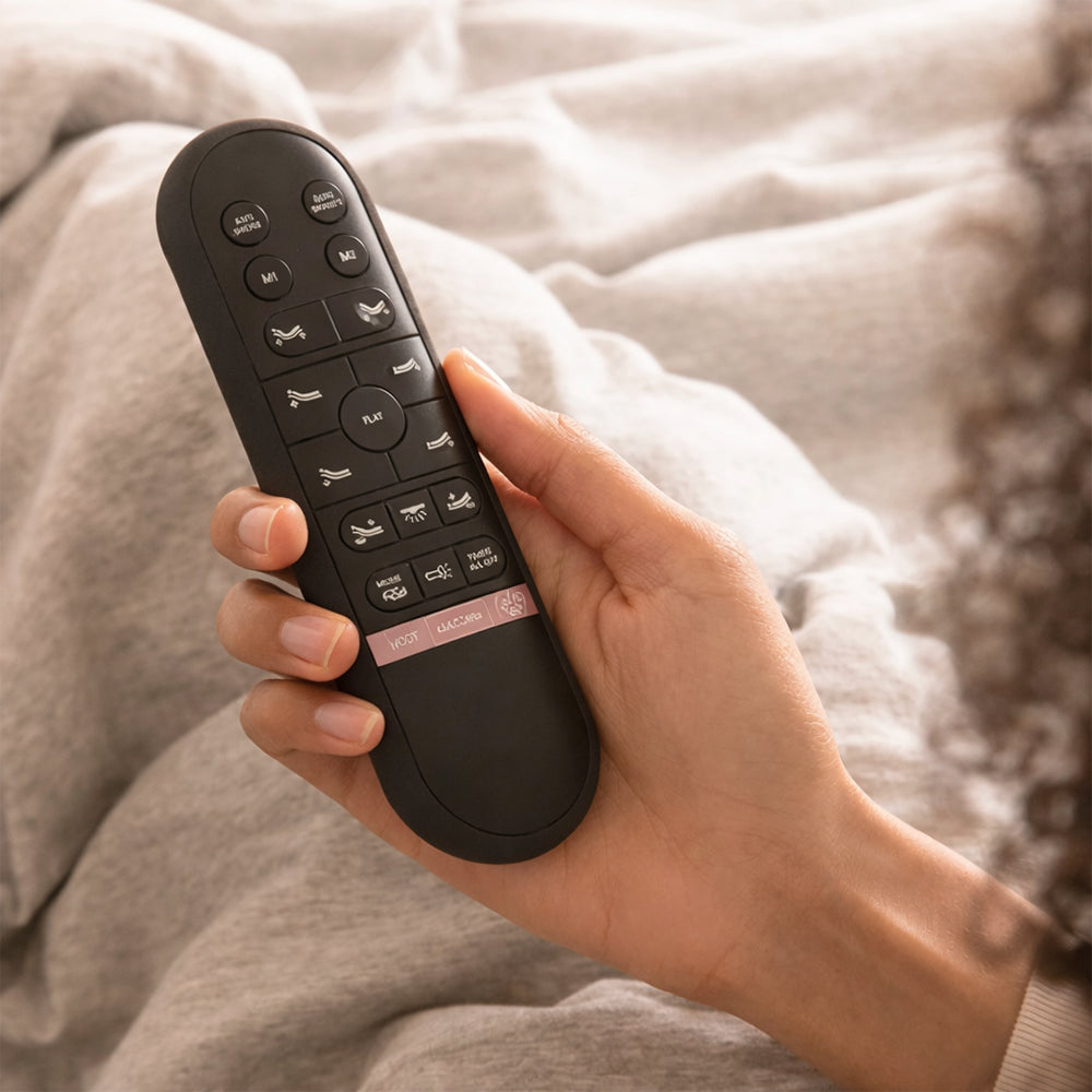 Close-up of the wireless remote control for the MLILY MS 200 adjustable base featuring preset positions like Zero Gravity and Anti-Snore.
