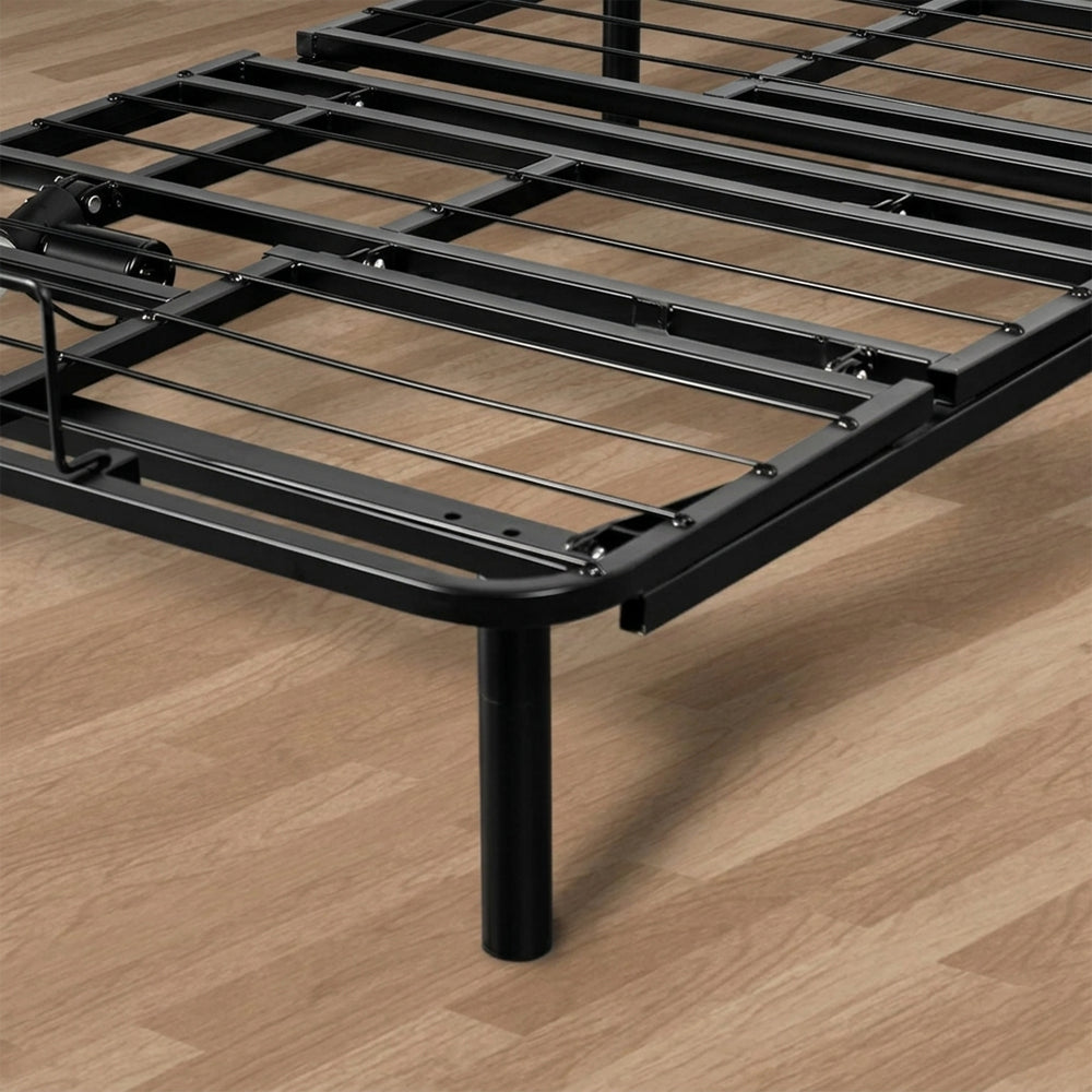 Detailed view of the Goto G50 adjustable base support legs and mattress retainer bar on a high-quality black metal frame.
