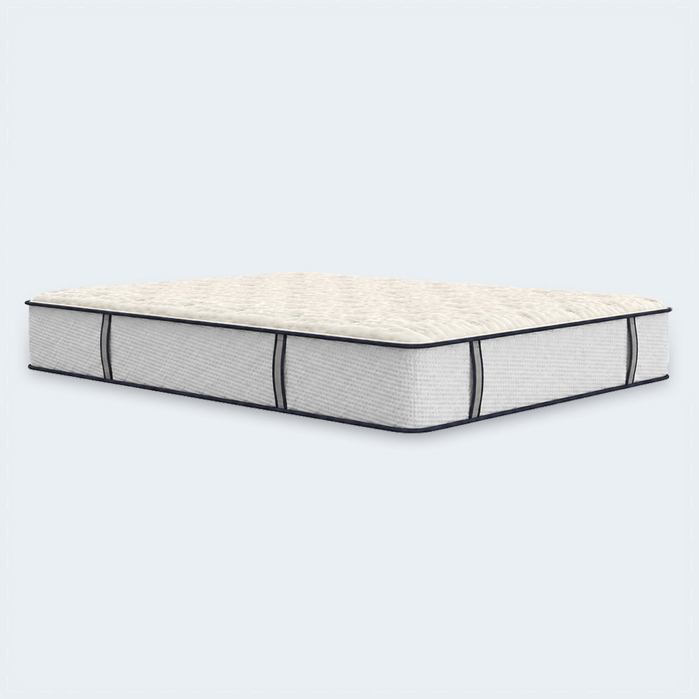 Isolated studio shot of the South Bay Sofinity Hybrid Signature 12-inch mattress showcasing the white tufted surface and dark grey borders.
