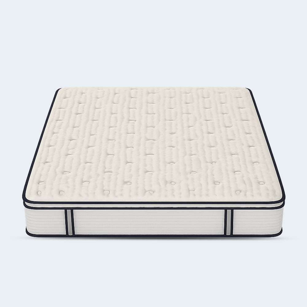 Isolated perspective studio shot of the South Bay Sofinity Hybrid Plus 14-inch mattress featuring a breathable white top and dark charcoal borders.
