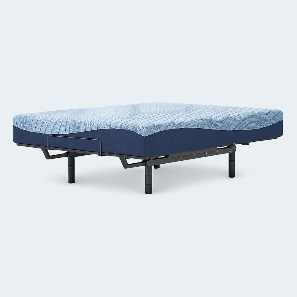 Side profile of the Peak 2.0 10-inch mattress by Ashley Sleep demonstrating flexibility and compatibility with motorized adjustable bed foundations.
