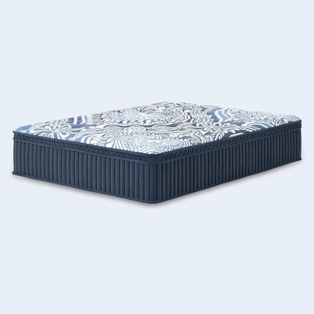 Isolated view of the Ashley Luxe 2.0 Blue 15" mattress illustrating the supportive navy side panels and reinforced edge support.
