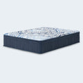 Isolated view of the Ashley Luxe 2.0 Blue 15" mattress illustrating the supportive navy side panels and reinforced edge support.
