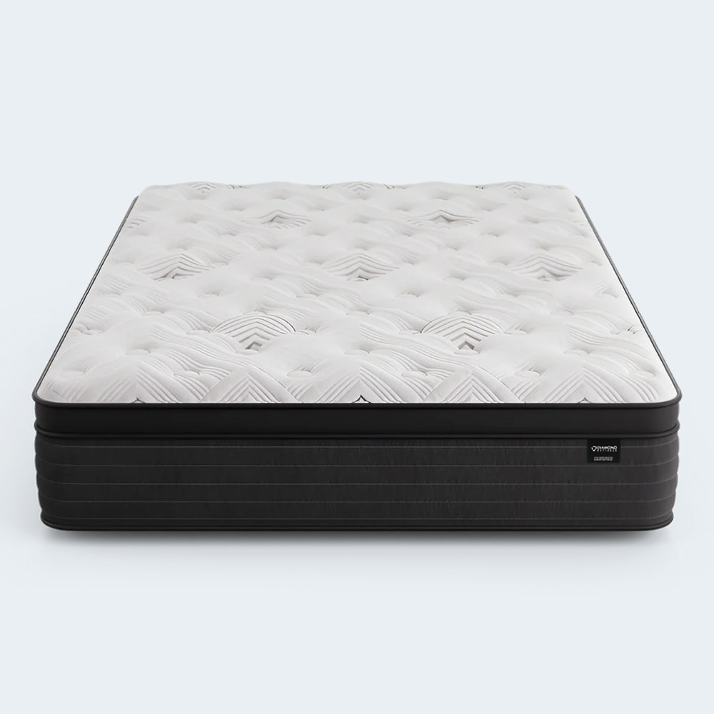 Frontal view of the Diamond Mattress Dreamstage 2.0 Gilded Quilted 14-inch mattress featuring a premium white quilted cover and supportive charcoal side panels.
