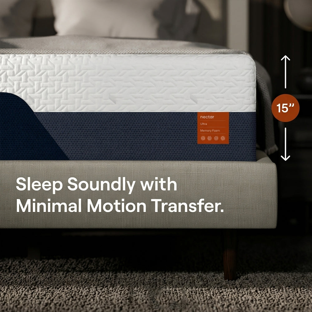 Side profile of the Nectar Ultra 15-inch mattress highlighting the luxury height and minimal motion transfer technology for undisturbed sleep.
