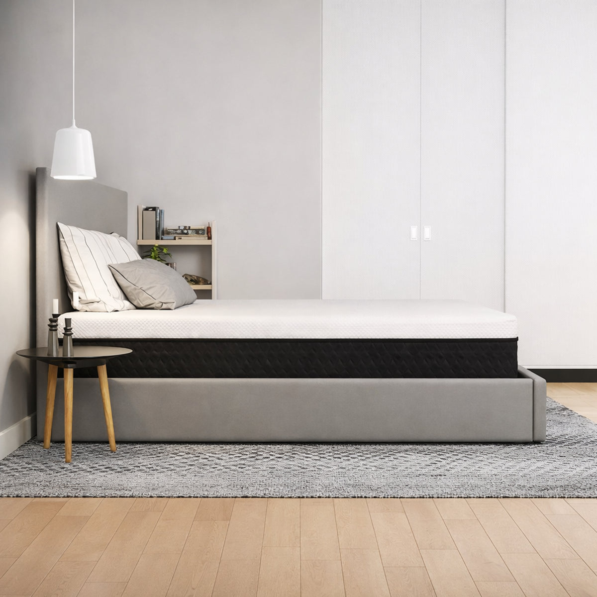 Restore Copper 10" Foam Mattress in bedroom setting on a modern grey platform bed with minimalist lighting.