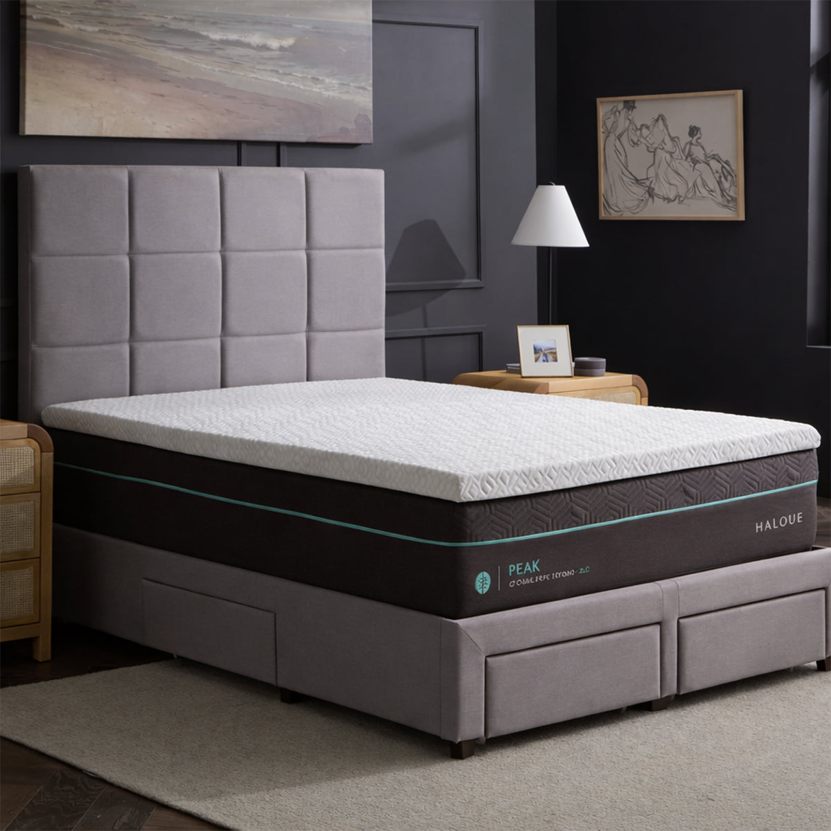Side view of the 2.5 inch Gel Memory Foam Mattress Topper by Malouf placed on a modern dark grey bed frame.