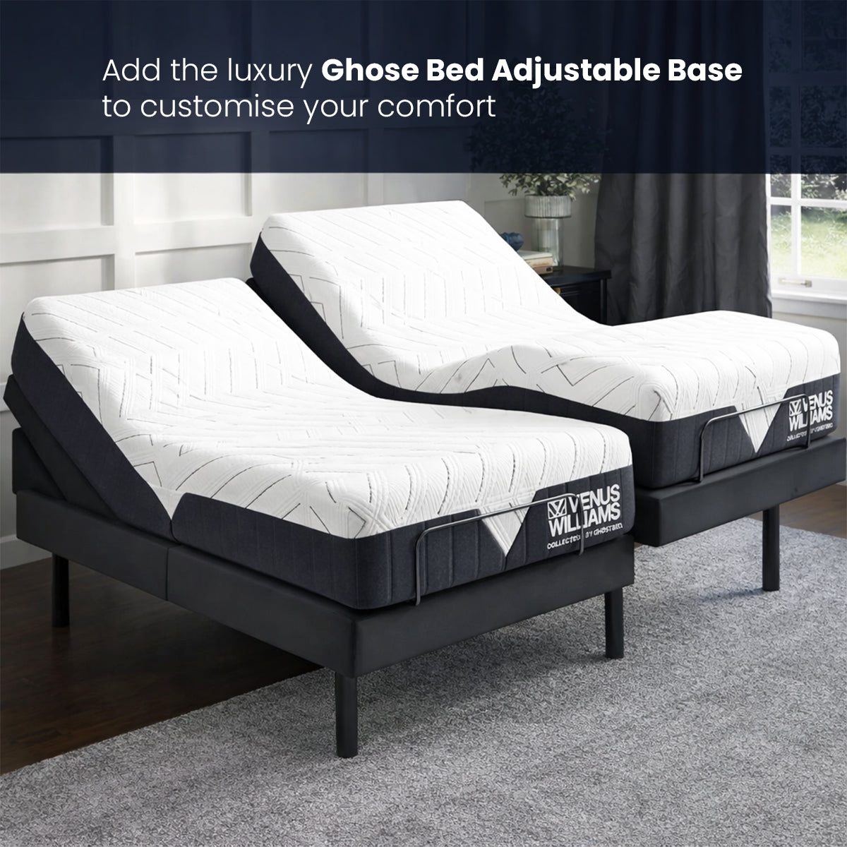 Venus Williams in a bedroom setting with the Legend 13" Memory Foam Mattress featuring a 25-year limited warranty.