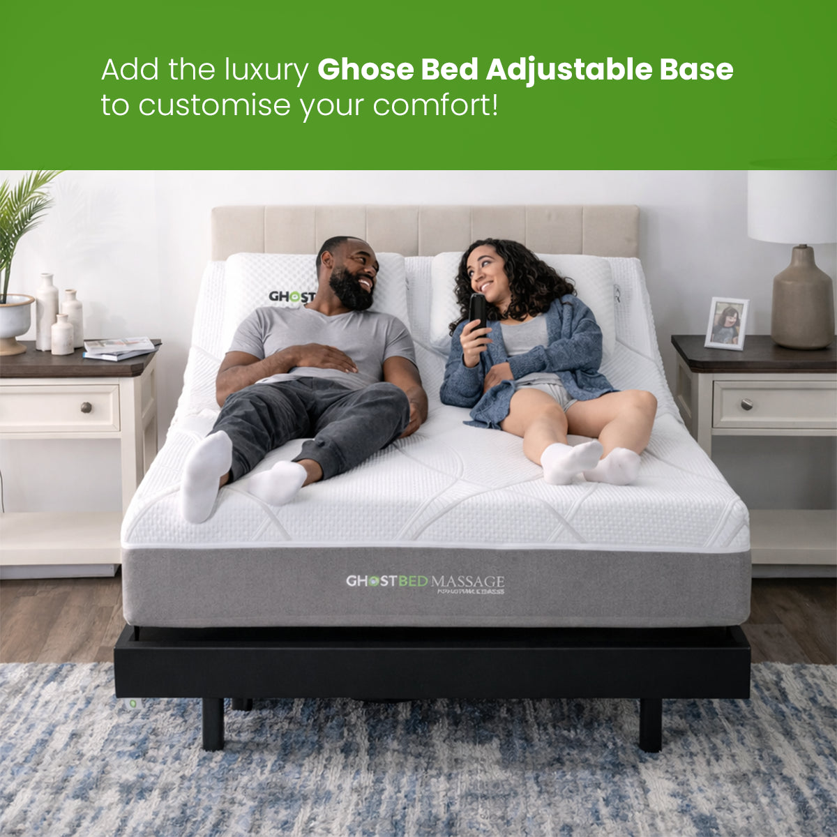 GhostBed 12" Massage Medium Hybrid Mattress on an adjustable base for personalized comfort in bedroom setting.