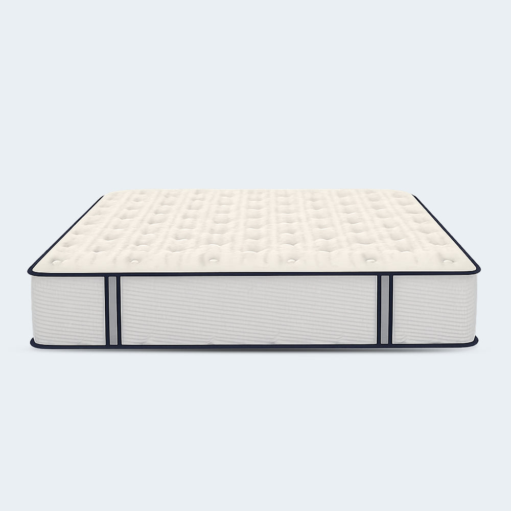 Minimalist frontal studio view of the 12-inch thick Sofinity Hybrid Signature firm mattress against a clean white background.
