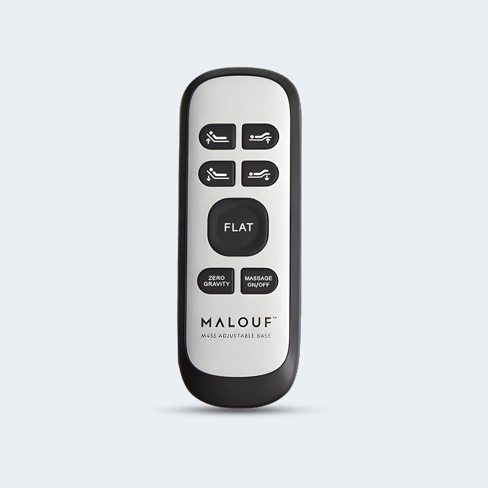 Wireless remote control for the Malouf M455 adjustable bed featuring Zero Gravity, massage, and head/foot adjustment buttons.
