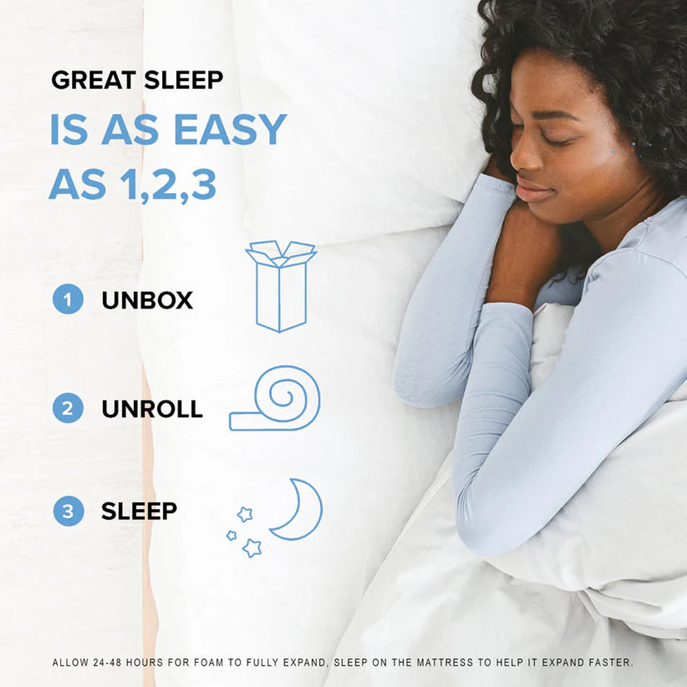 Easy 3-step setup infographic for South Bay mattresses: unbox, unroll, and sleep, showing a woman sleeping comfortably.
