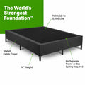 GhostBed world's strongest bed foundation holds 3,000 lbs, features a 14-inch height and a grey fabric cover.
