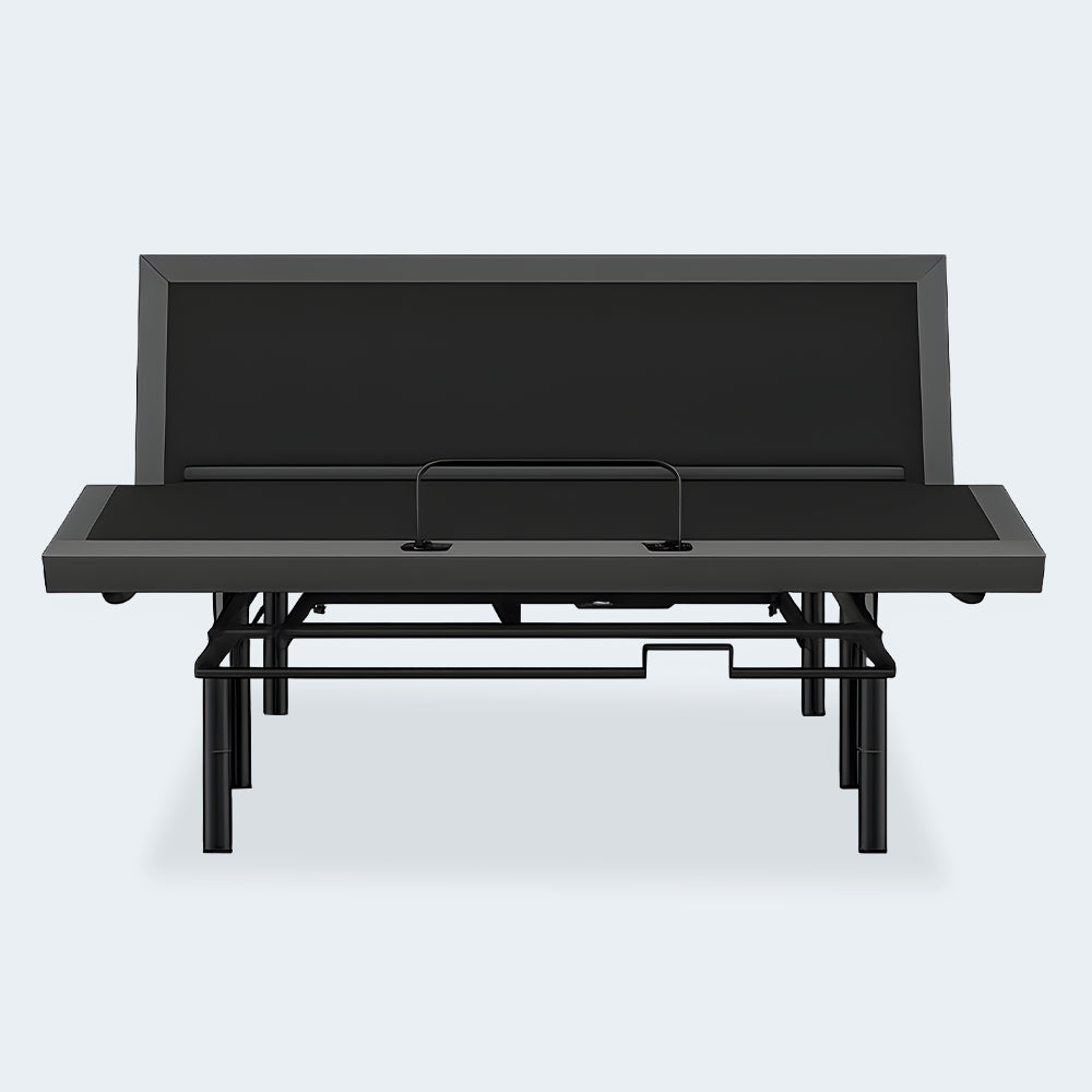 Front-facing view of the iDealBed Smart 7i adjustable foundation showing the heavy-duty steel frame and upholstered deck.
