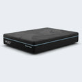 Side view of the MLILY 11.5 inch PowerCool mattress showing the breathable knit cover and blue trim detail.
