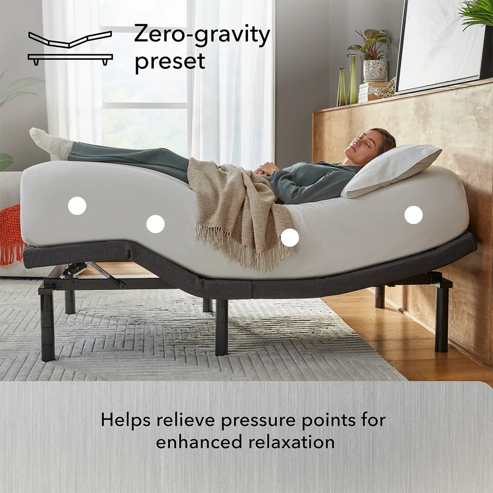 Woman relaxing in the zero-gravity preset on a Baselogic Platinum base to relieve pressure points and improve circulation.
