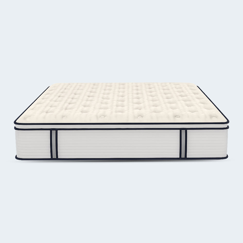 Minimalist frontal studio view of the 14-inch thick Sofinity Hybrid Plus medium-soft mattress against a clean white background.
