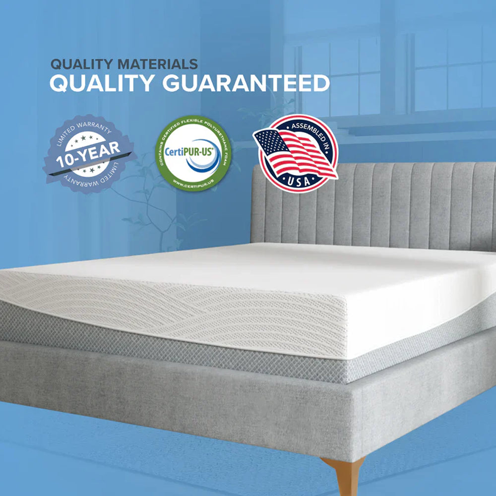 South Bay mattress quality guarantees including a 10-year limited warranty, CertiPUR-US certified foam, and Assembled in USA seal.
