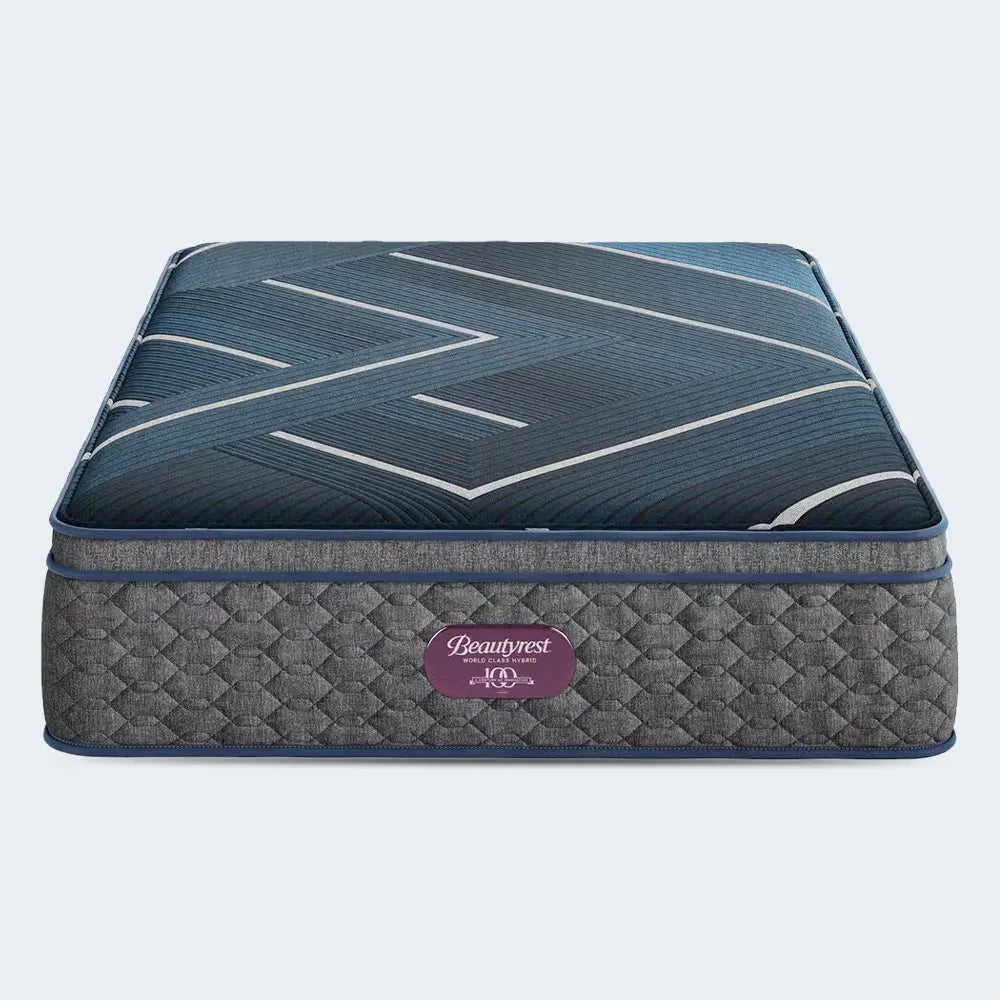 Beautyrest World Class Hybrid Level 4 Medium Pillow Top 14 Inch Mattress with quilted border design.

