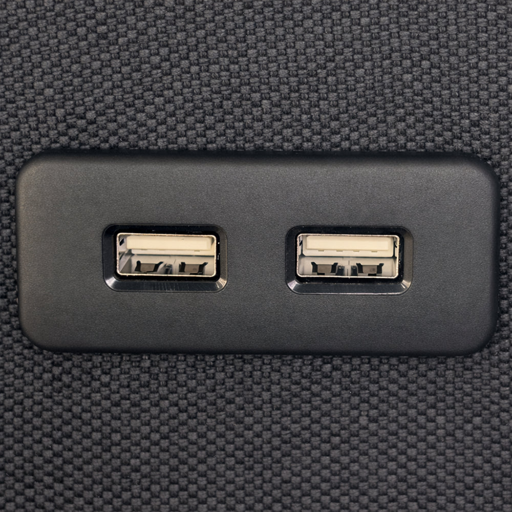 Close-up of the built-in dual USB charging ports on the side of the Customatic Dreamsense The Harmony adjustable bed.
