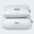 Dimension guide for GhostPillow cooling gel memory foam pillows in Standard and Queen sizes.
