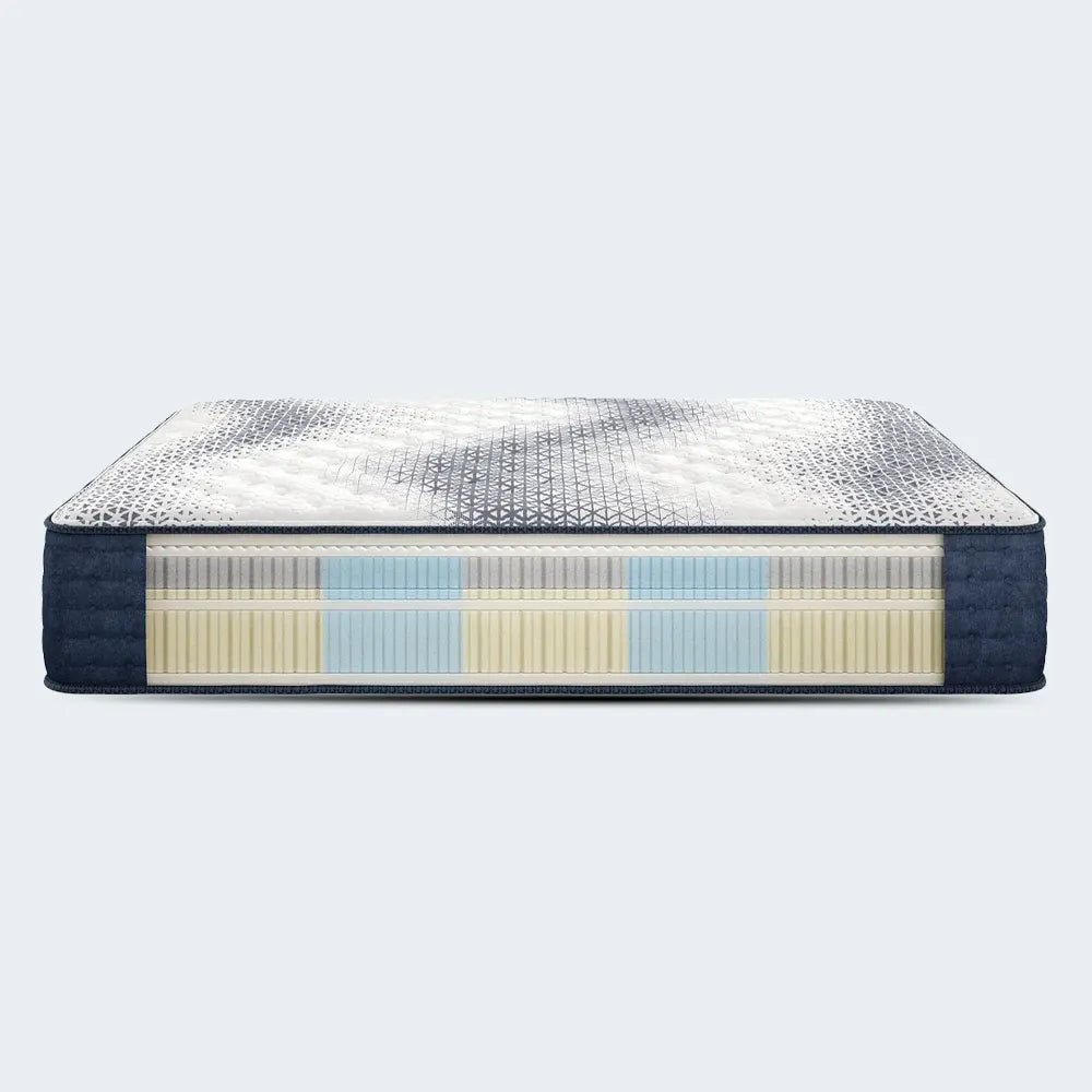 Cross-section diagram of Serta iComfortPro Kingston mattress showing internal 5-zone support and latex foam.
