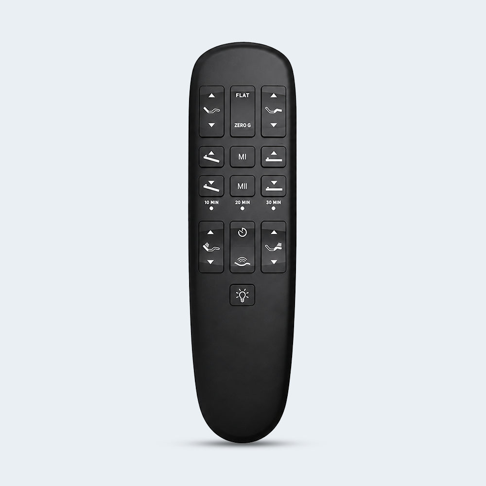 Wireless remote control for the SBLB Adjustable Base with dedicated buttons for massage settings, memory presets, zero-G, and underbed lighting.
