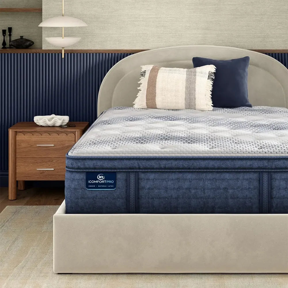 Luxurious Serta iComfortPRO Buckingham ultra plush pillow top mattress on a modern upholstered bed.
