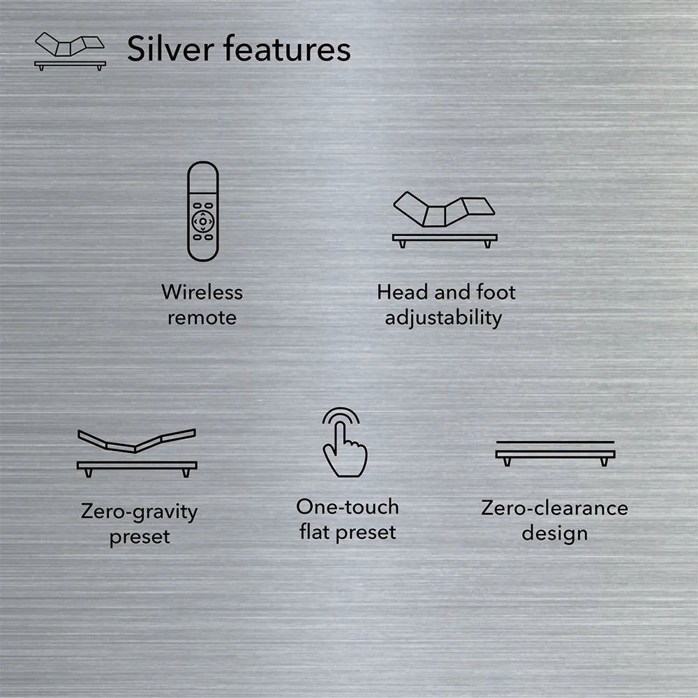 Baselogic Silver features list including wireless remote, head and foot adjustability, zero-gravity preset, one-touch flat preset, and zero-clearance design.
