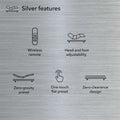 Baselogic Silver features list including wireless remote, head and foot adjustability, zero-gravity preset, one-touch flat preset, and zero-clearance design.
