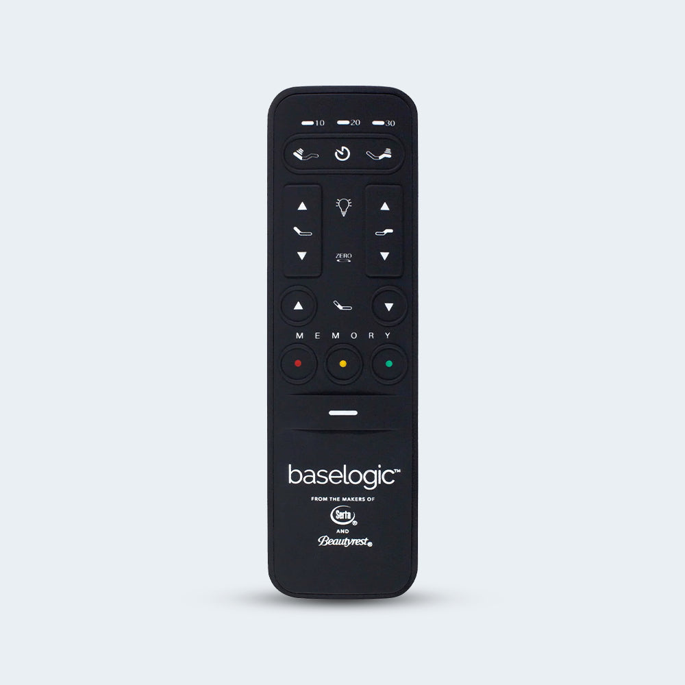 Wireless remote control for the baselogic™ Pearl Adjustable Base featuring dedicated buttons for lumbar, massage, and one-touch memory presets.
