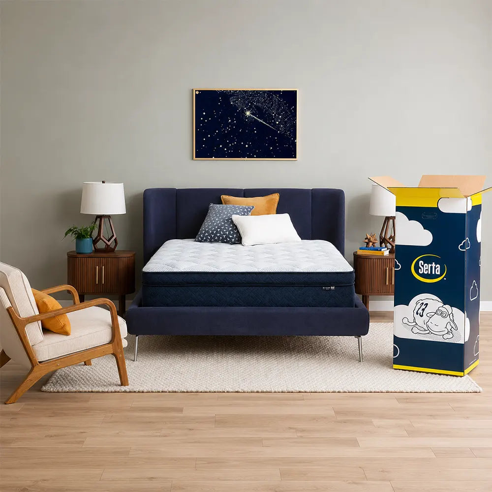 Compact shipping box next to a Serta Perfect Day 12 inch plush pillow top mattress in a box.
