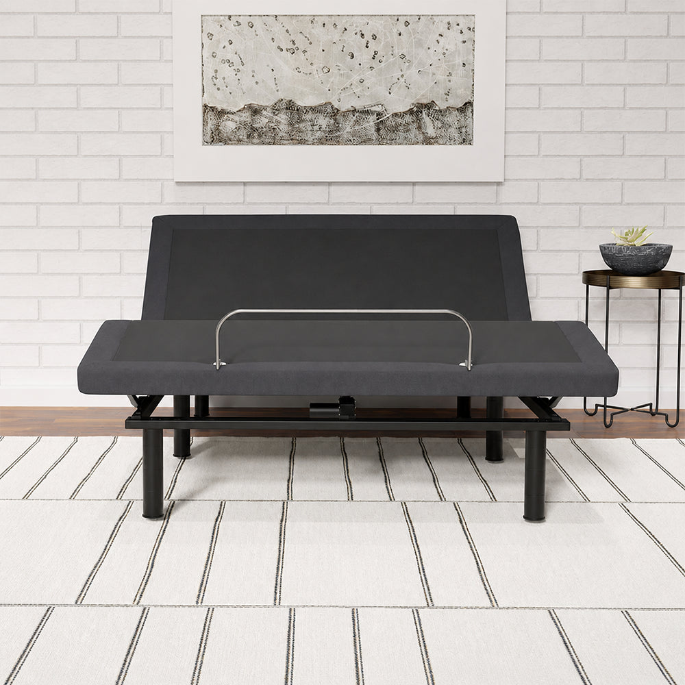 Front-facing lifestyle shot of the SBKDG2 smart bed frame, emphasizing its sleek zero-clearance profile and modern aesthetic.
