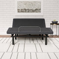 Front-facing lifestyle shot of the SBKDG2 smart bed frame, emphasizing its sleek zero-clearance profile and modern aesthetic.
