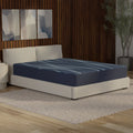 Three-quarter perspective of the Active Align 10-inch copper zoned foam mattress in a modern bedroom setting with wood-paneled walls.