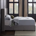 Sleek Stone grey Watson upholstered storage bed frame in a designer bedroom for an organized sleep space.

