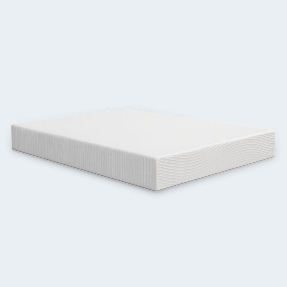 Perspective studio view of the South Bay EcoCore Origin plant-based memory foam mattress highlighting its supportive 10-inch depth.
