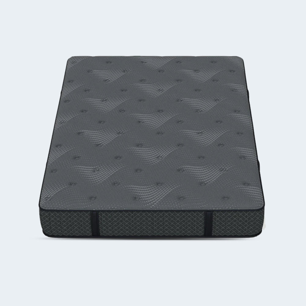 Isolated studio shot of the South Bay Allureluxe™ Bamboo Hybrid 10-inch mattress featuring a grey tufted top and dark textured borders.
