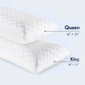 Dimensions chart for Queen and King size Malouf bamboo charcoal memory foam pillows for custom sleep needs.
