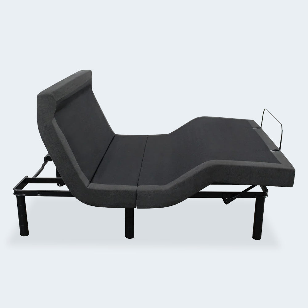 Profile view of the iDealBed Smart 6i bed frame with the head fully elevated, showcasing the independent pillow tilt feature.
