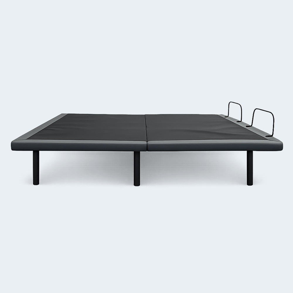 Front profile view of the Customatic Dreamsense Synergy wireless adjustable bed frame in its neutral flat position.
