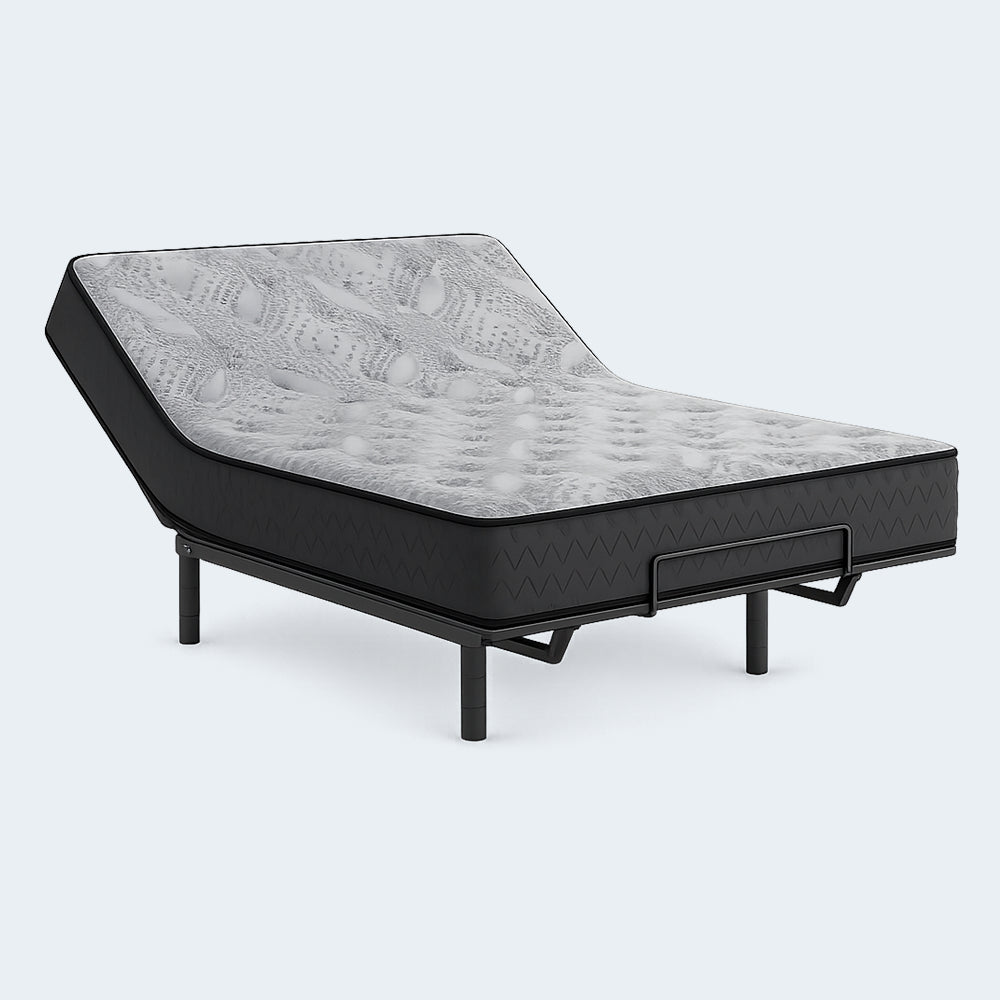 Side view of the Comfort Plus 10-inch mattress demonstrating flexibility and perfect fit on an adjustable power bed frame.
