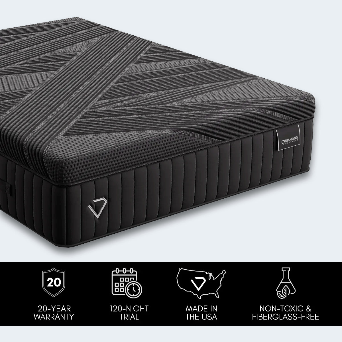 Close-up of the Black Diamond 15" All-Foam Mattress featuring the 20-year warranty and made in USA trust badges.