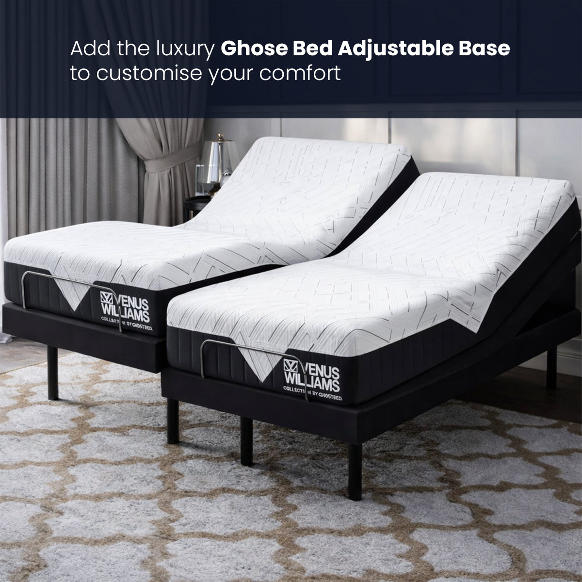Venus Williams Legend Hybrid Mattress on adjustable bases, showing split king functionality in a bedroom setting.