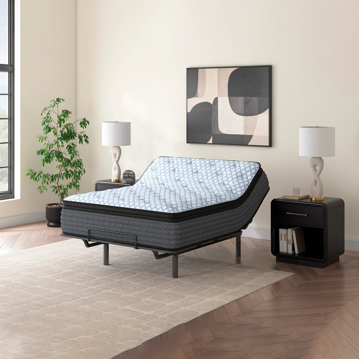 Luxury ergonomic bedroom setup featuring the Destin Cove 15-inch ultra plush mattress elevated on an adjustable power base.

