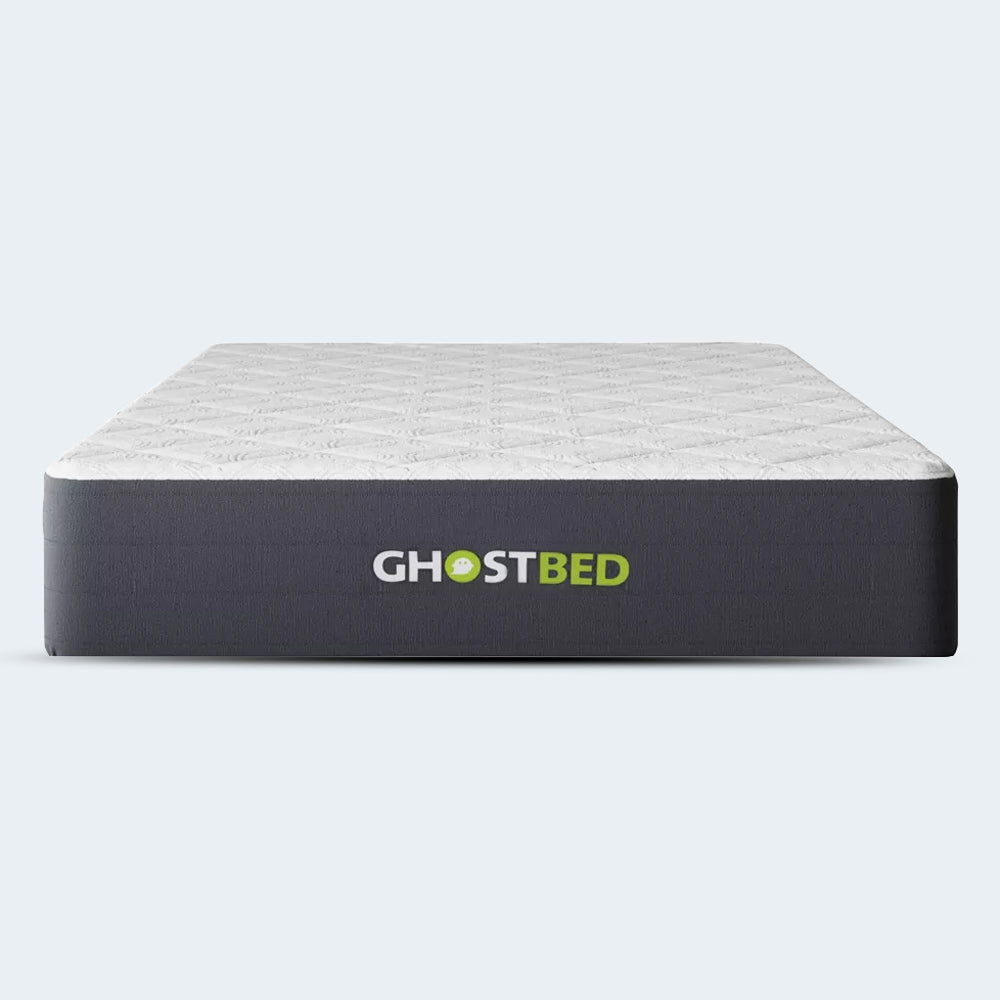 Front-facing view of the GhostBed 12-inch Hybrid medium-soft mattress with a white diamond-quilted cover and charcoal grey sides.
